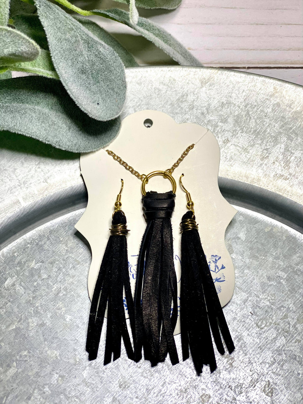 Black fringe necklace and earring set