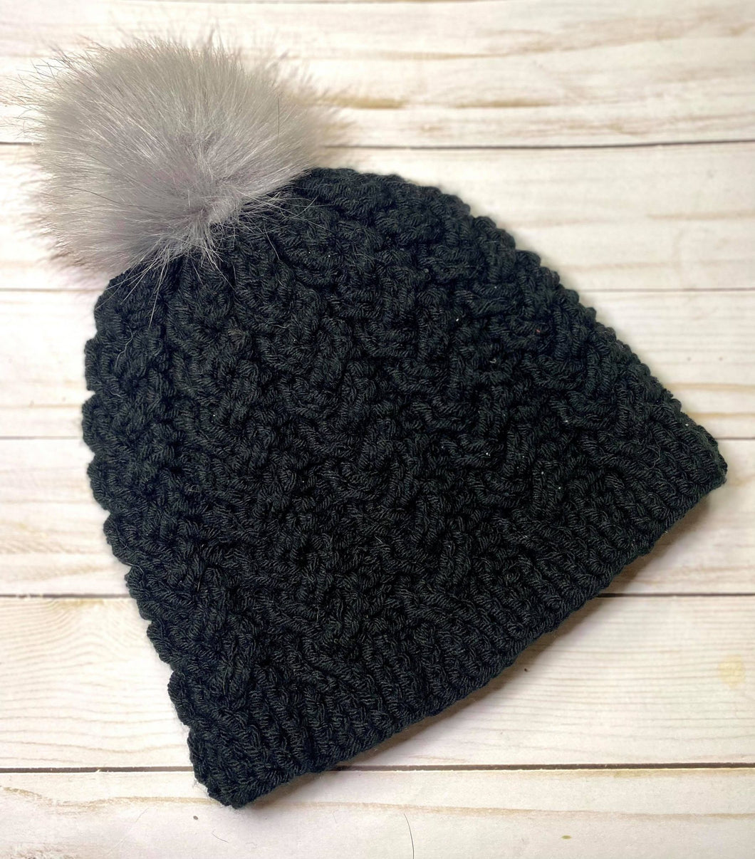 Black beanie with grey pom