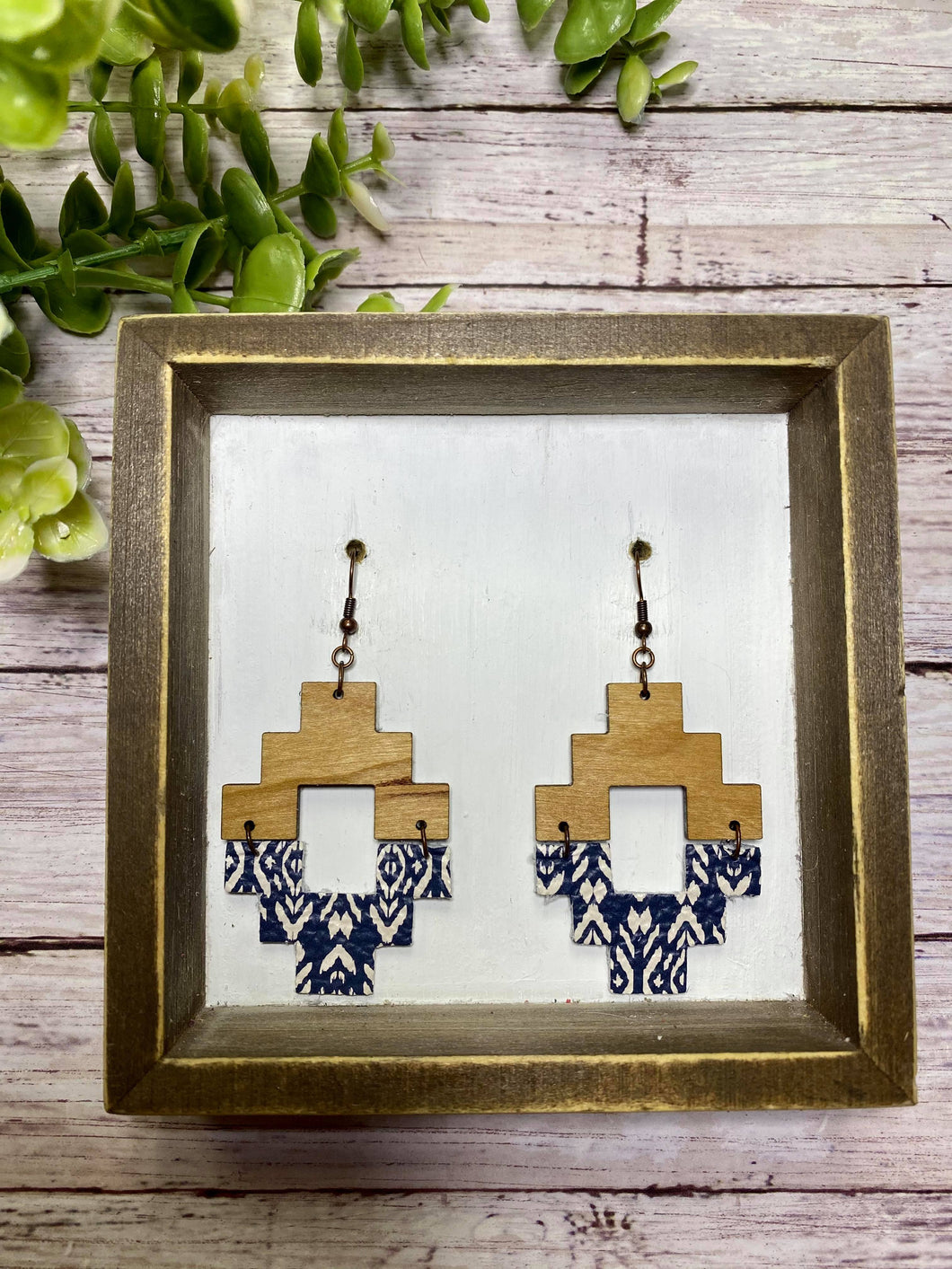 Blue Aztec wooden stacked earring