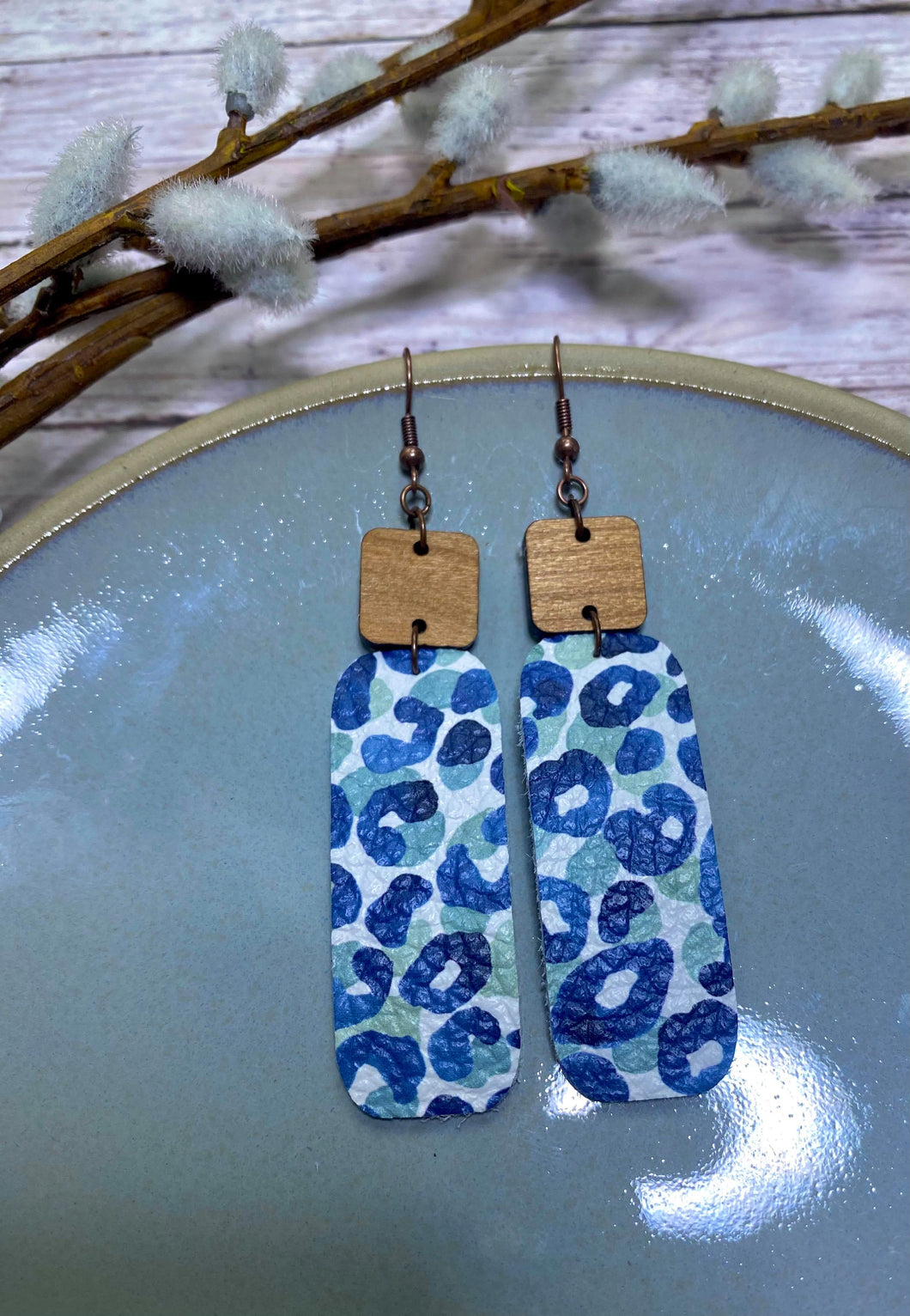 Blue Cheetah Wooden Bar earring