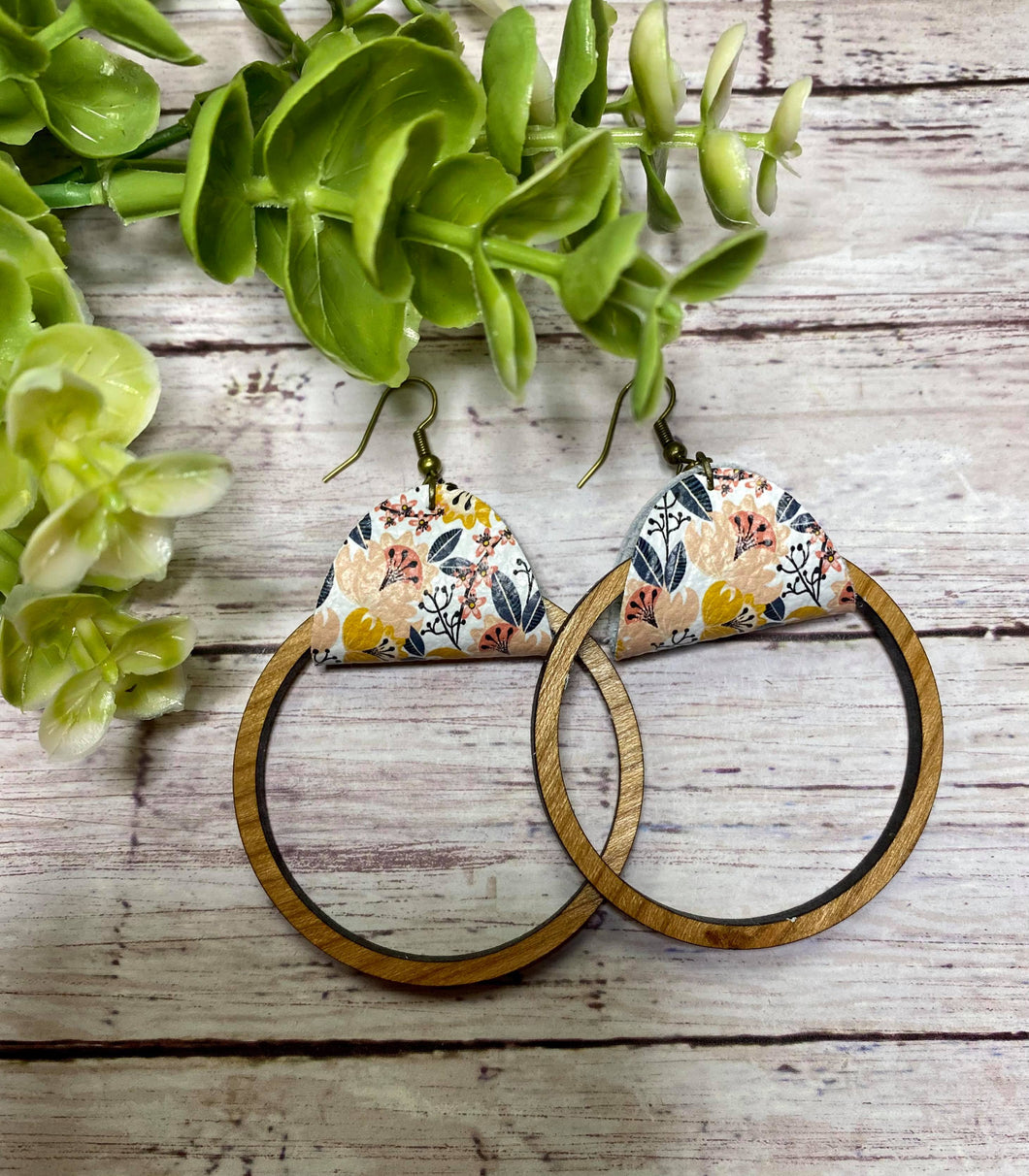 Blush Floral wooden hoop earring