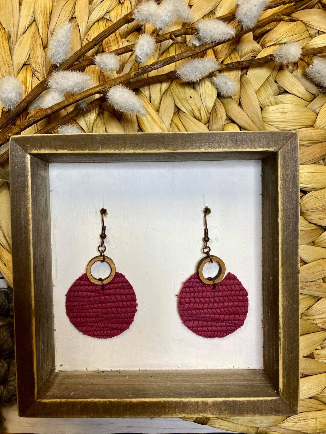 Cranberry open wooden circle earring