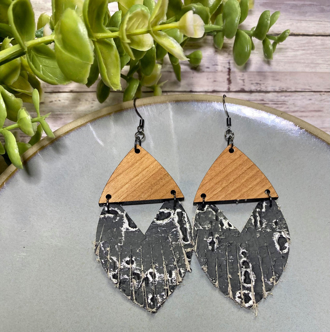 Grey Birchwood fringe earring