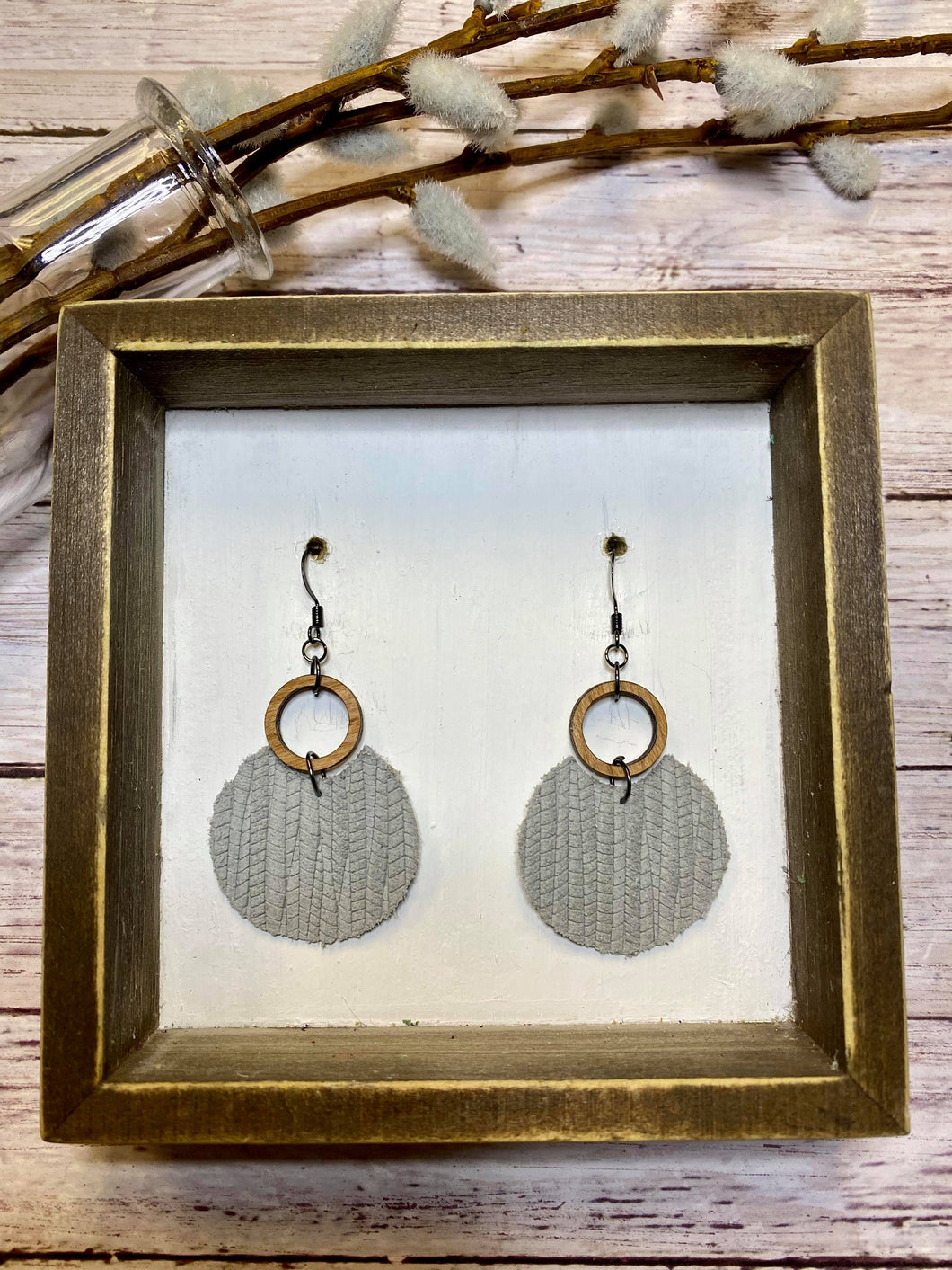 Grey open wood circle earring