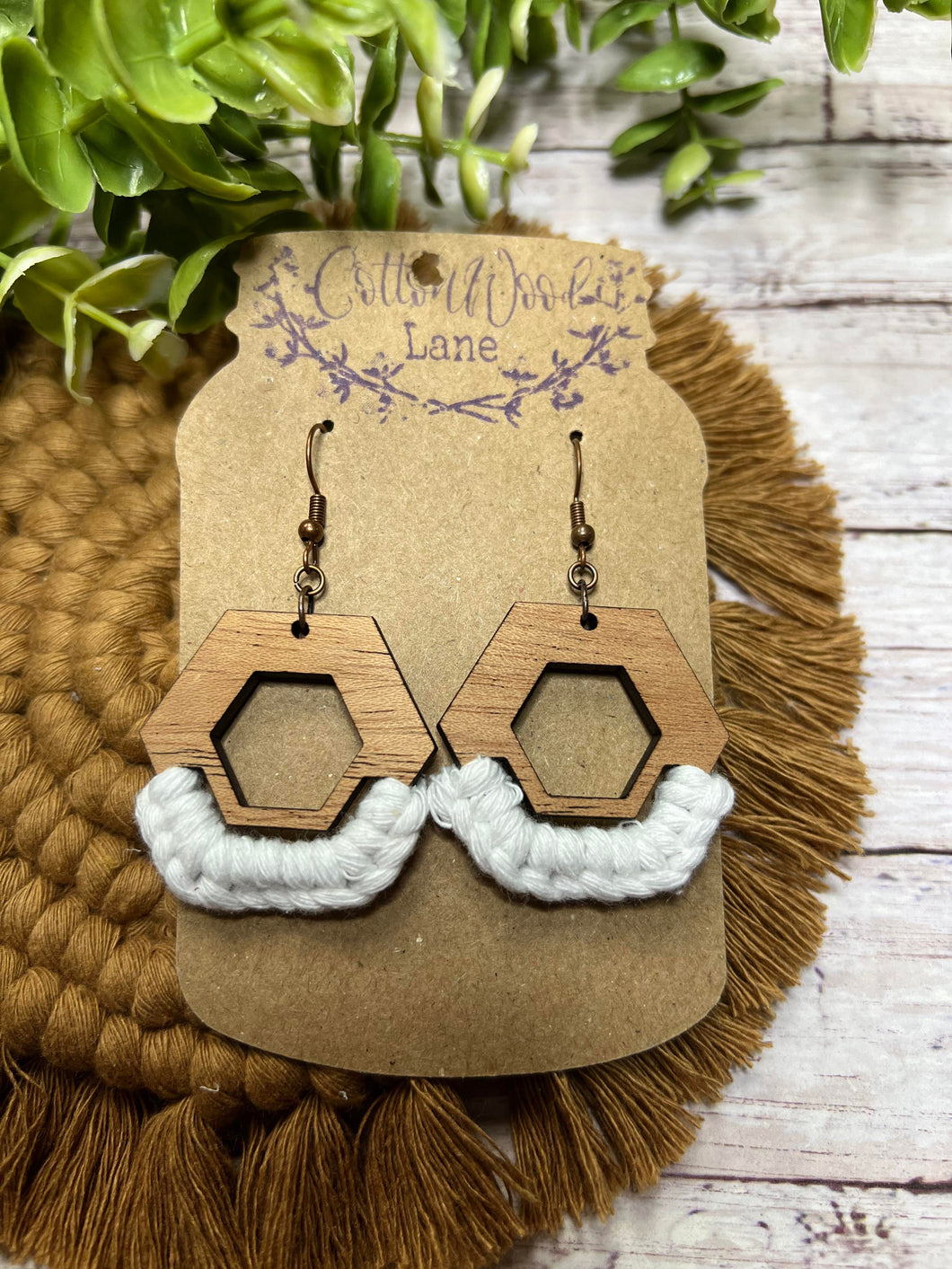 White Wrapped Macrame Hexagon earring