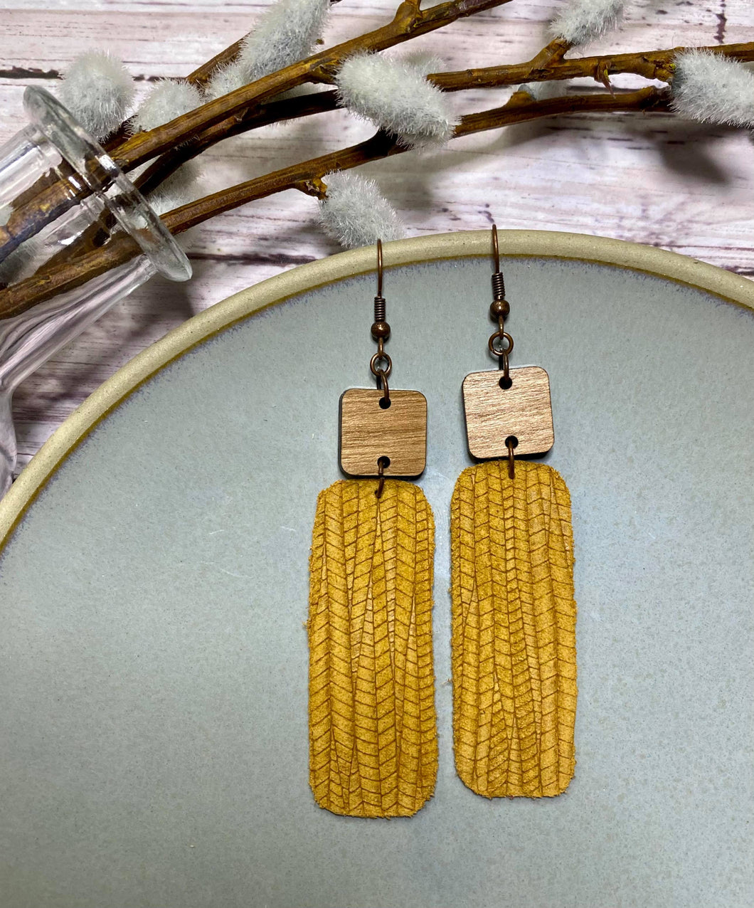 Mustard wooden bar earrings