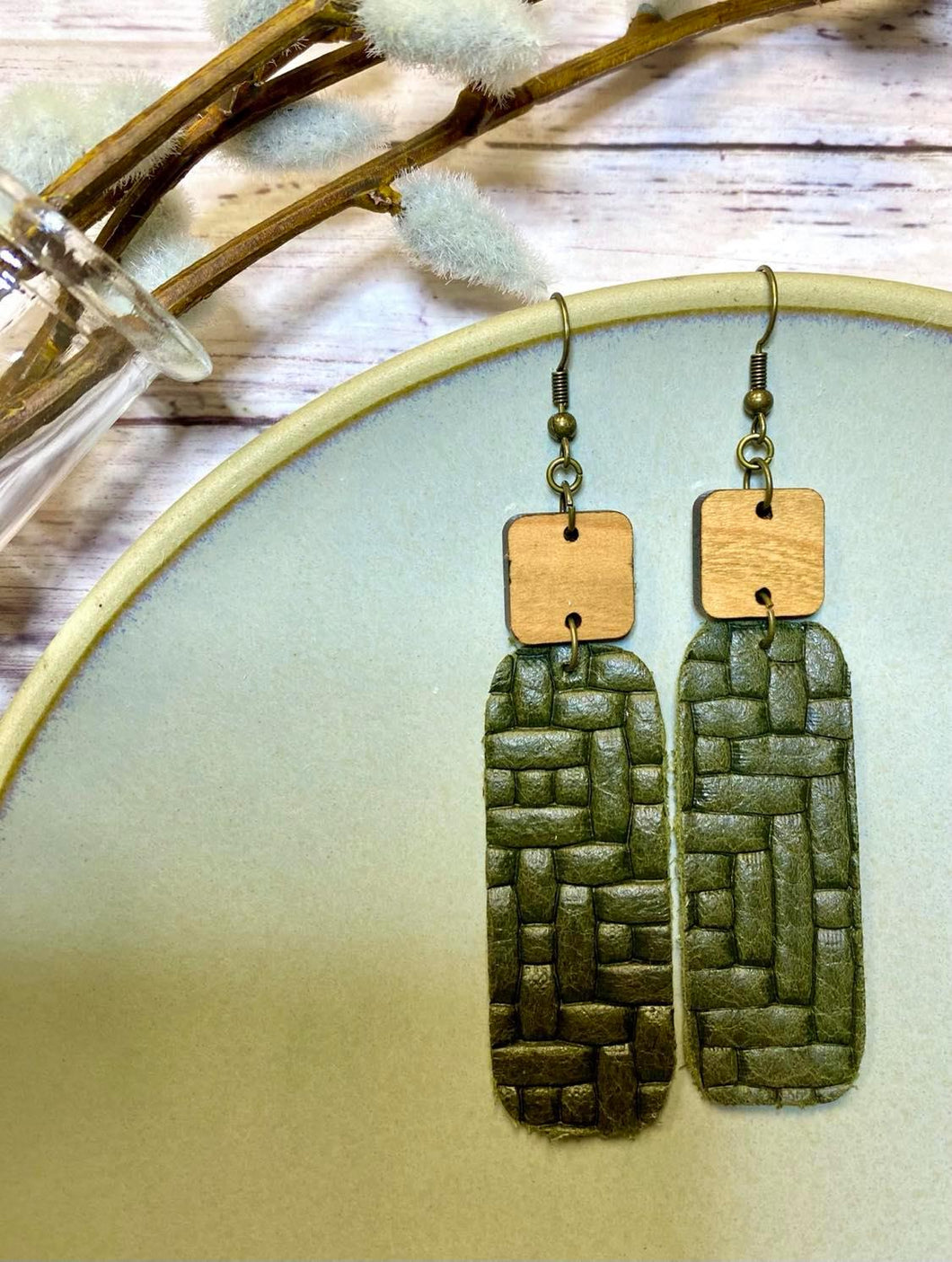 Olive basket weave wooden accent bar earrings