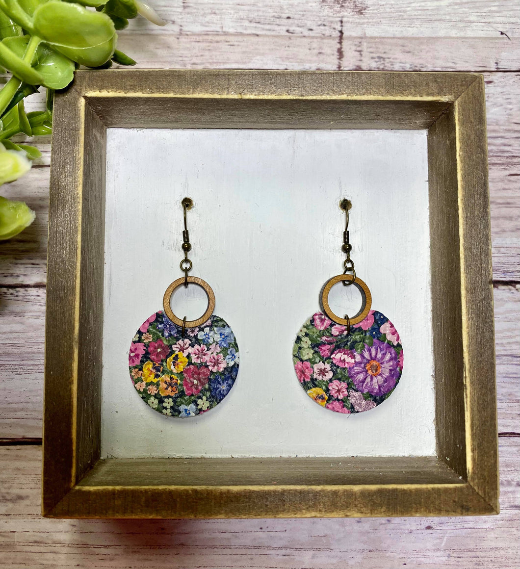 Open wooden circle painted floral earring