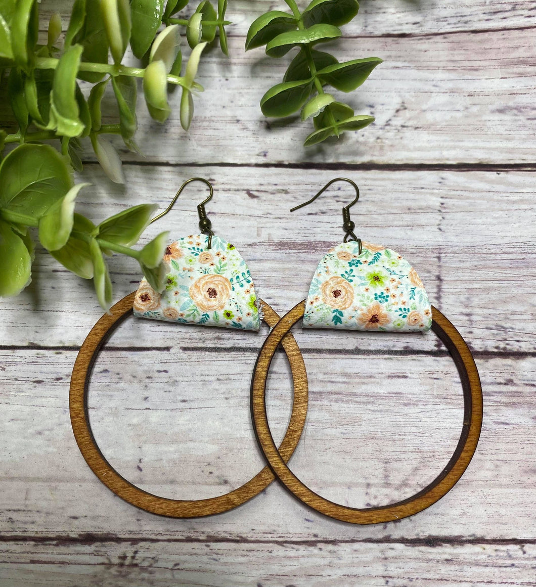 Peachy Floral Wooden Hoop earring