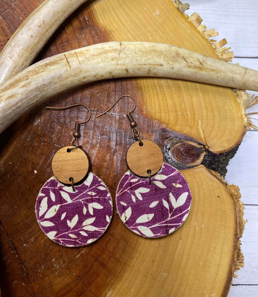 Plum Branch Closed Wooden Circle earring