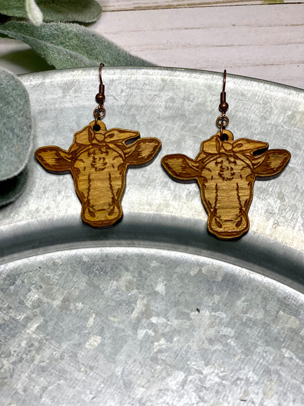 Wooden Bandana cow earring