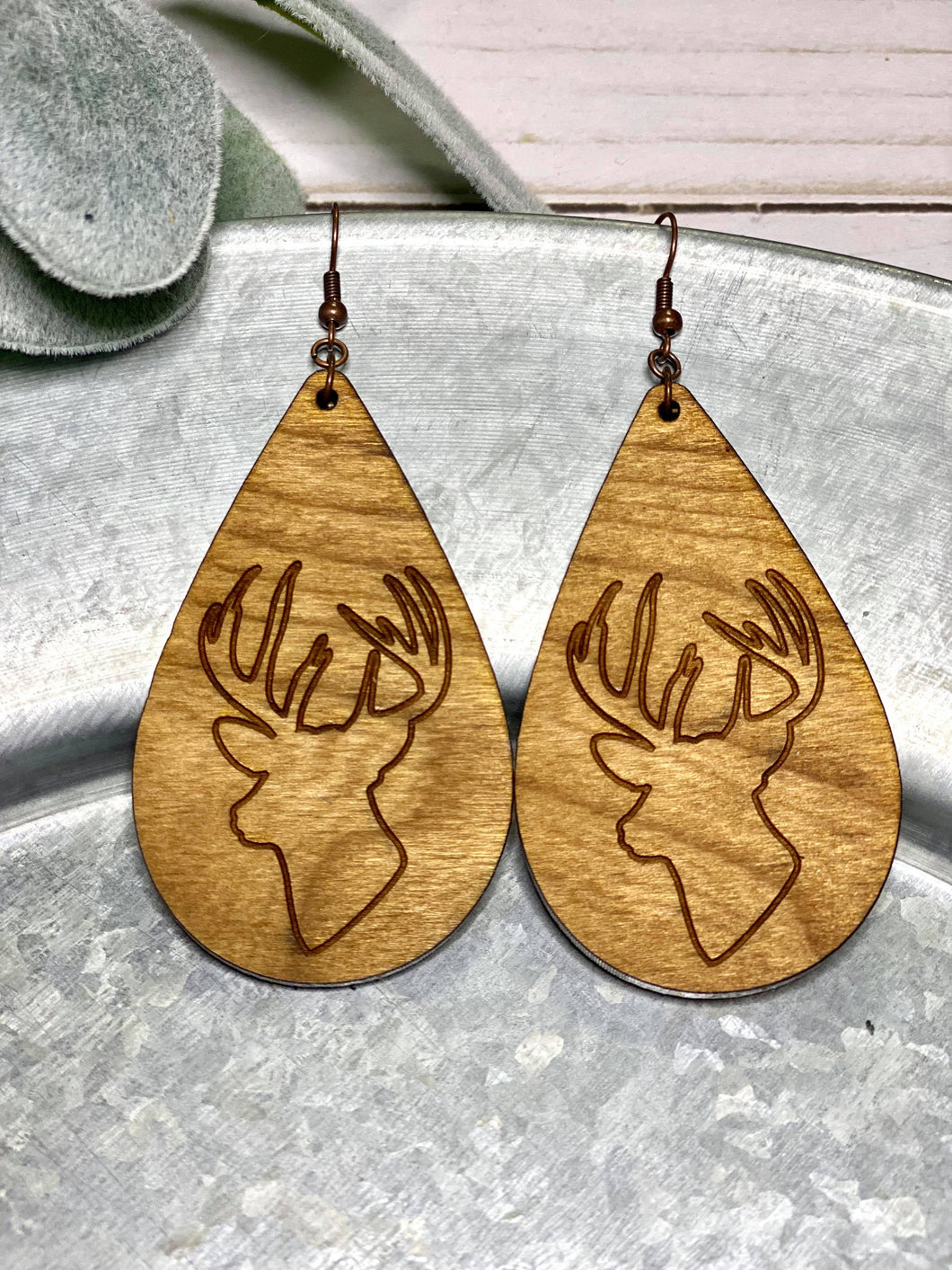 Wooden Deer teardrop earring